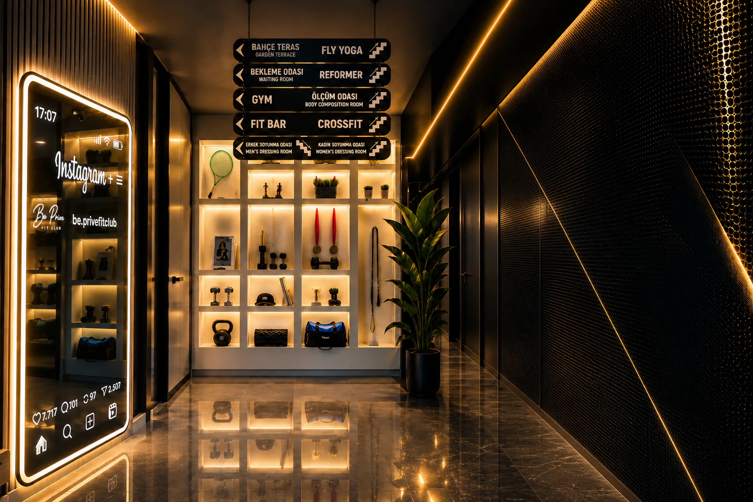 Be Prive Fit Club salon girişi: aydınlatmalı vitrin nişleri ve koridor.